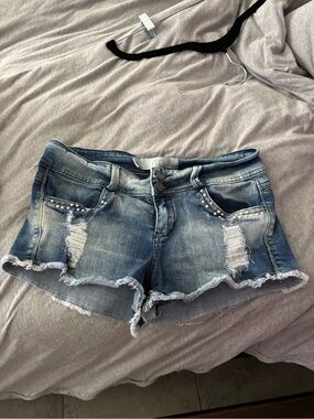 Embellished Distressed Blue Denim Women's Shorts
